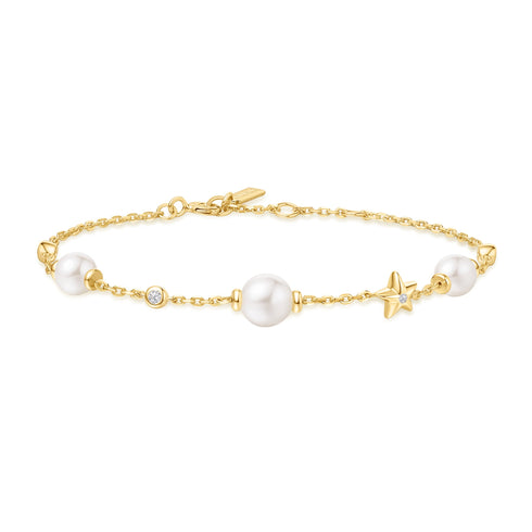 Gold Shell Pearl and Star Station Bracelet
