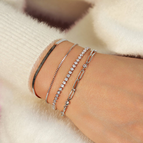 Silver Bezel Station Paper Clip Chain Bracelet