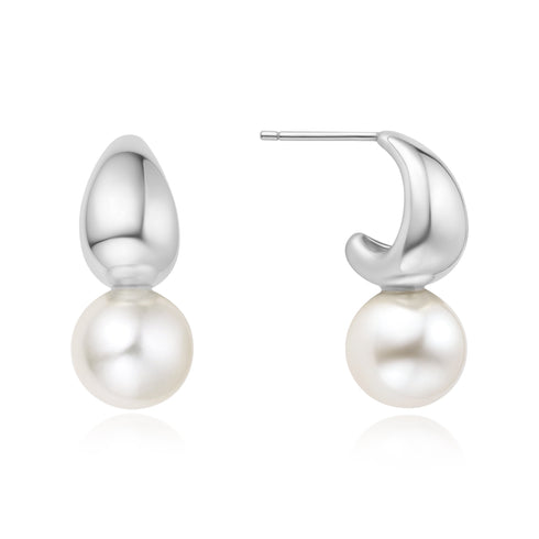 Silver Shell Pearl Dome Hoop Earrings