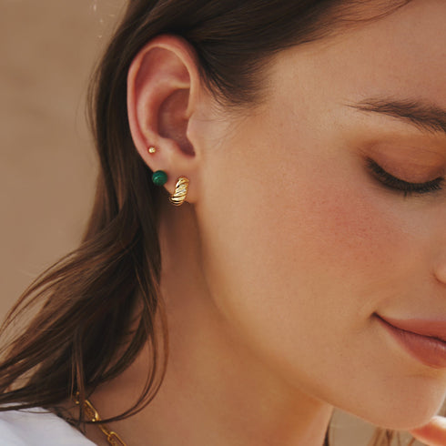 Gold Malachite Sphere Stud Earrings