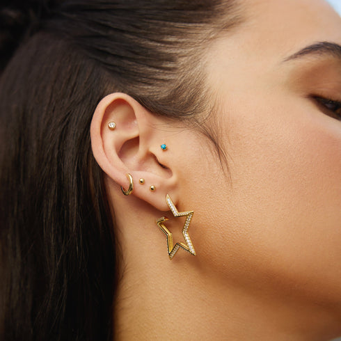 Gold Large Star-Shaped Pavé Hoop Earrings