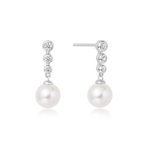 Silver Tennis Beaded Stone Shell Pearl Drop Stud Earrings