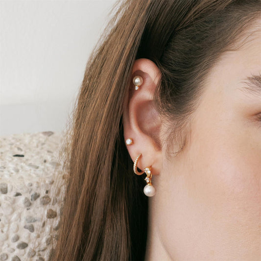 Gold Shell Pearl Dangling Barbell Single Earring