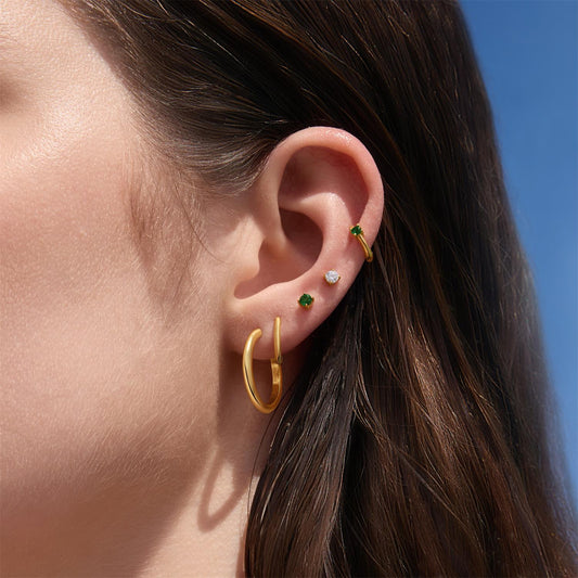 Gold Green Huggie Hoop Earrings