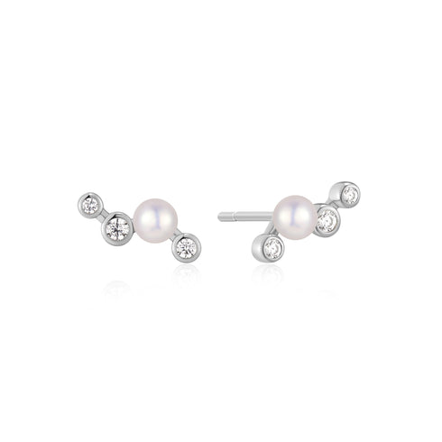 Silver Zig-Zag Shell Pearl Stud Earrings