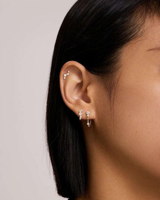 Silver Bezel-Set Drop Chain Stud Earrings