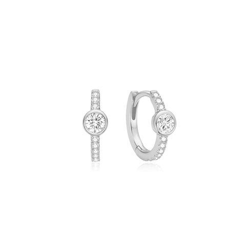 Silver Pavé Row & Bezel-Set Huggie Hoop Earrings