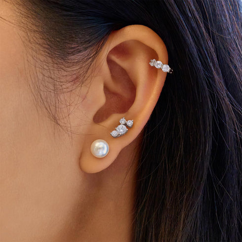 Silver Cascade Shell Pearl Station Drop Stud Earrings