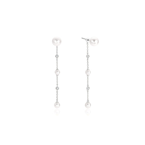 Silver Cascade Shell Pearl Station Drop Stud Earrings