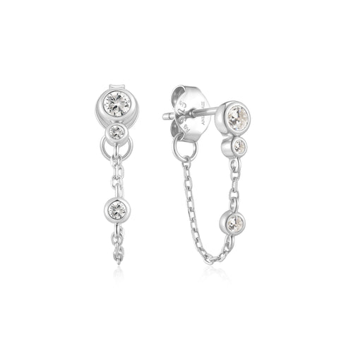 Silver Bezel-Set Drop Chain Stud Earrings
