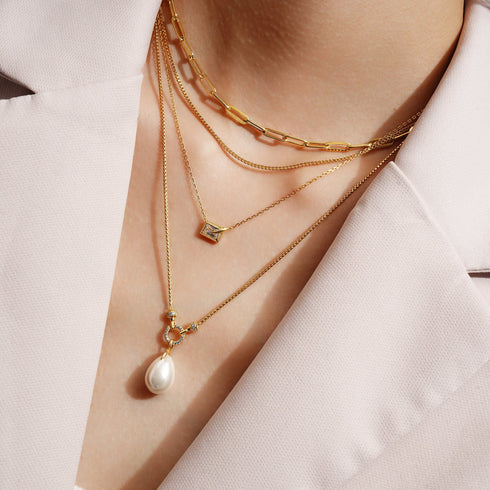 Gold Linked Shell Pearl Drop Pendant Necklace