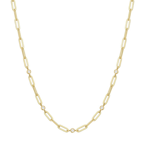 Gold Bezel Station Paper Clip Chain Necklace