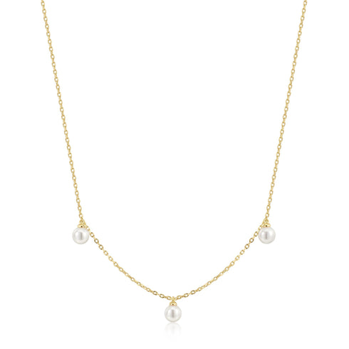 Gold Triple Shell Pearl Station Necklace