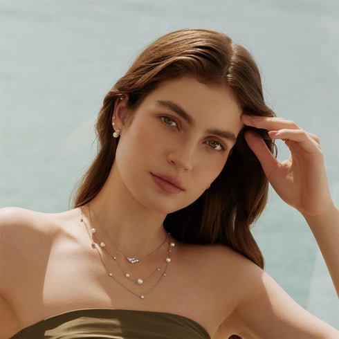 Silver Asymmetric Shell Pearl Station Necklace