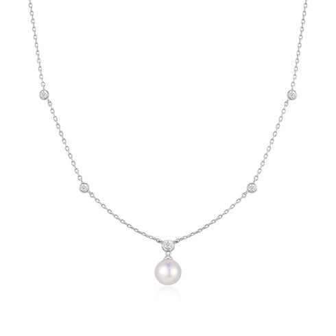 Silver Bezel-Set Station Necklace with Shell Pearl Pendant