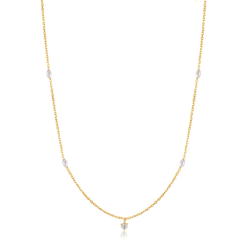14kt Gold Pearl and White Sapphire Necklace