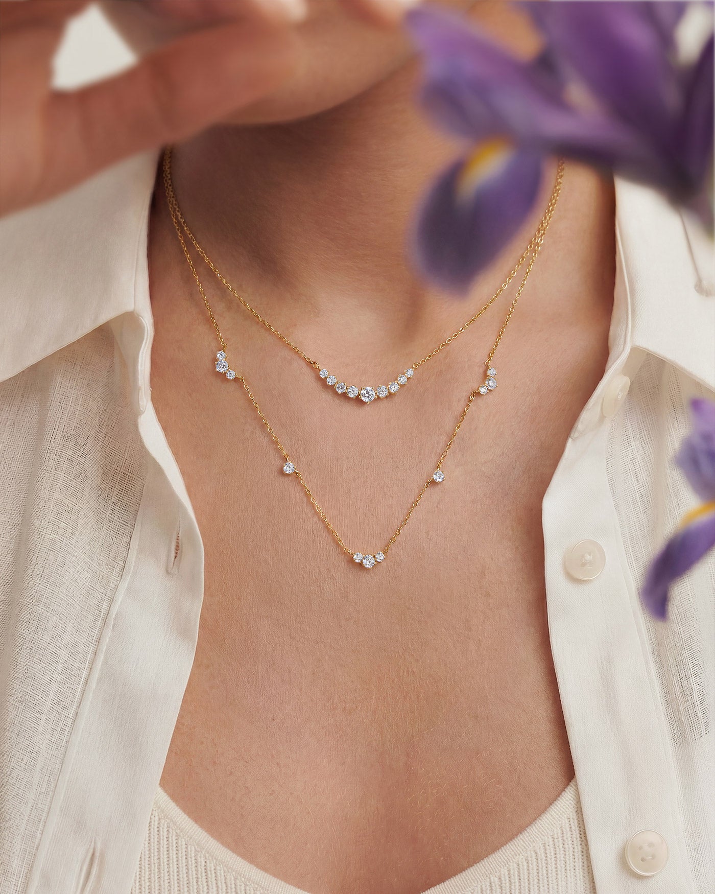 Gold Cluster & Single Station Necklace