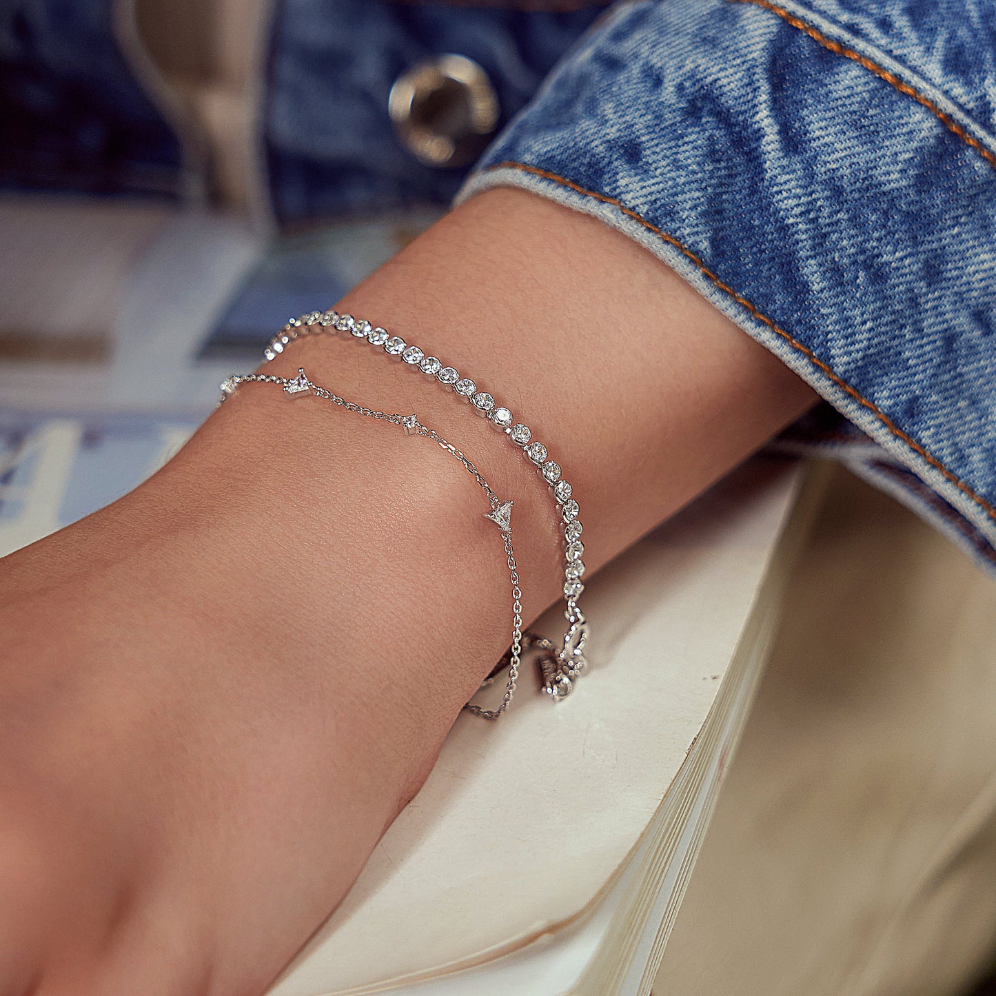Silver Triangular Cubic Zirconia Station Bracelet