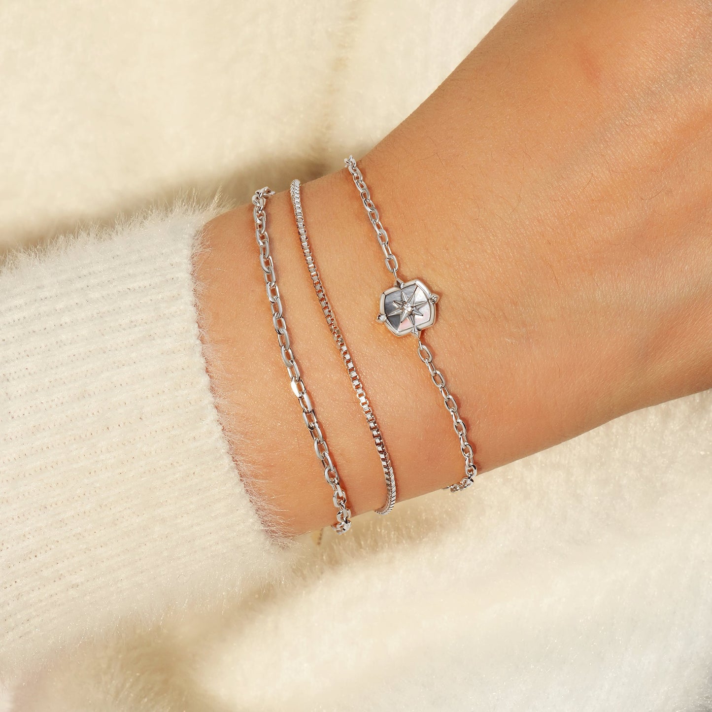 Silver Colour-Block Mother of Pearl Star Bracelet