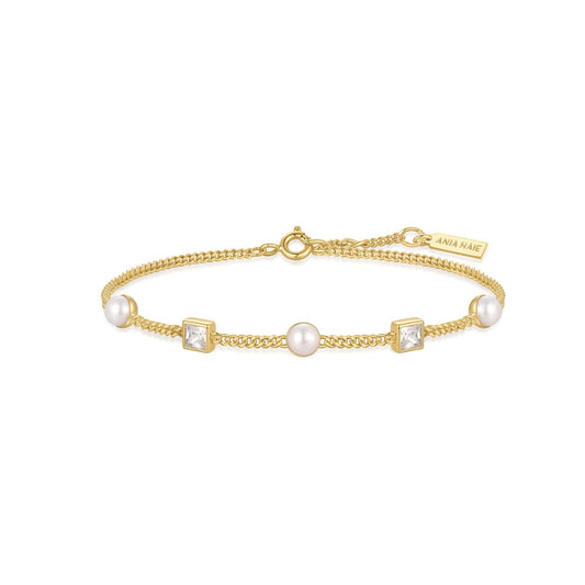 Gold Bezel-Set Cube and Pearl Station Bracelet