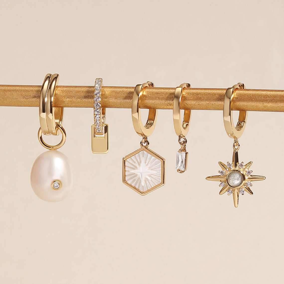 Gold Pearl Drop Sparkle Huggie Hoop Earrings 