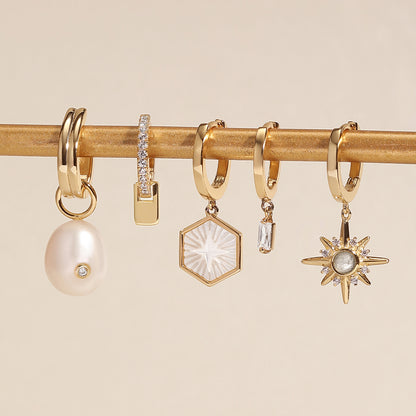 Gold Pearl Drop Sparkle Huggie Hoop Earrings 