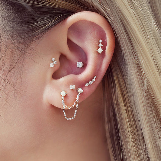 Silver Bezel Beaded Stone Stud Earrings