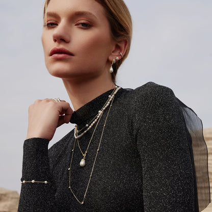 Gold Linked Shell Pearl Drop Pendant Necklace