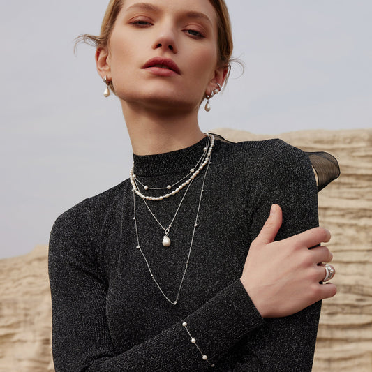 Silver Linked Shell Pearl Drop Pendant Necklace