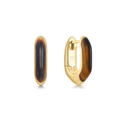 Gold Tiger Eye Huggie Hoop Earrings