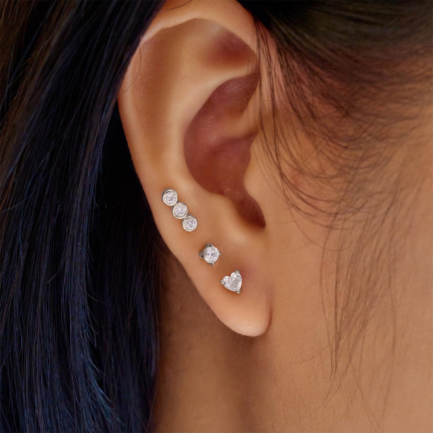 Silver Triple Stone Bezel Barbell Single Earring