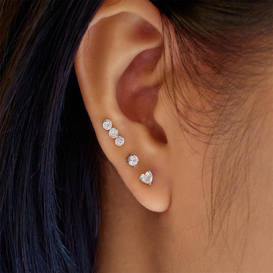 Silver Triple Stone Bezel Barbell Single Earring