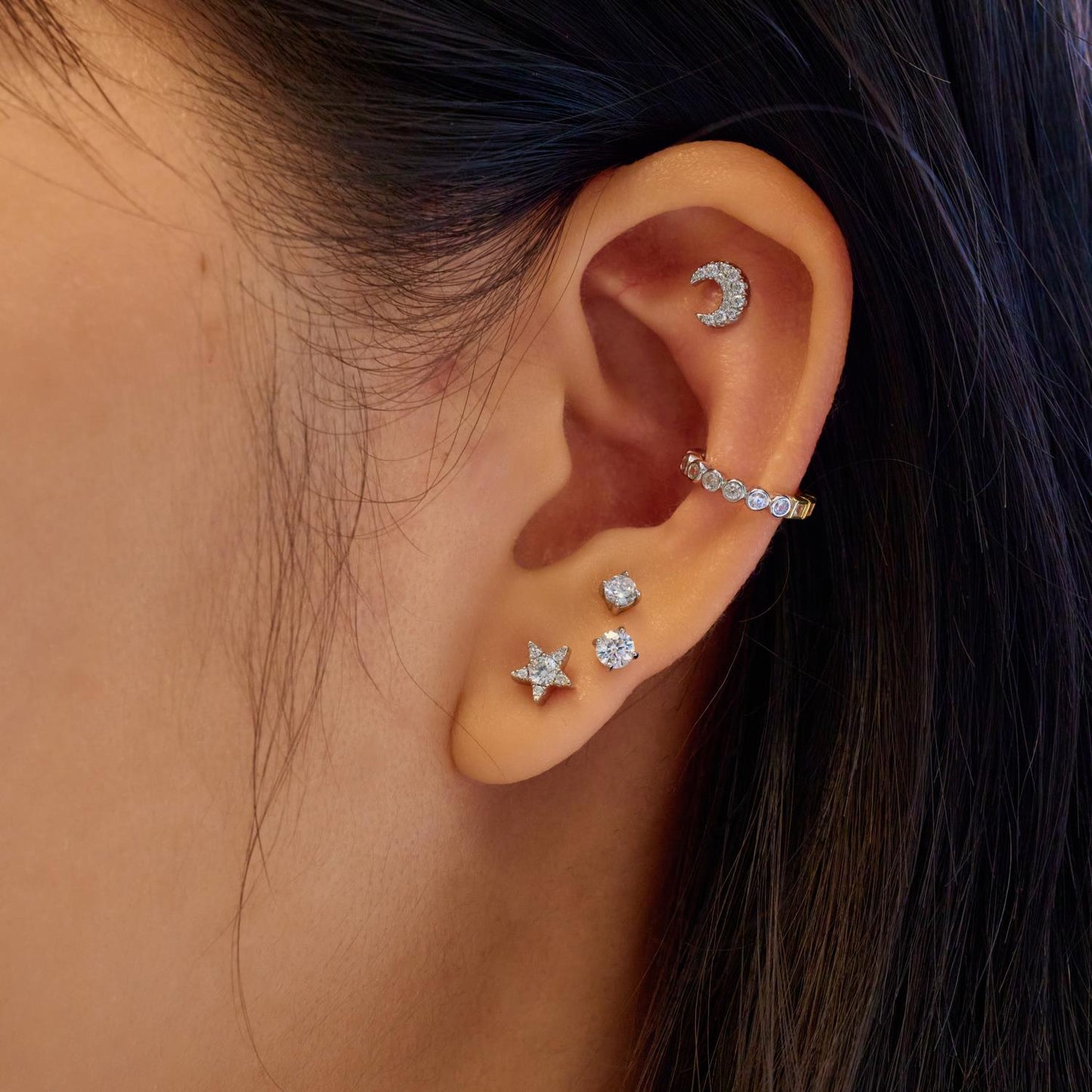 Silver Pavé Crescent Moon Barbell Single Earring