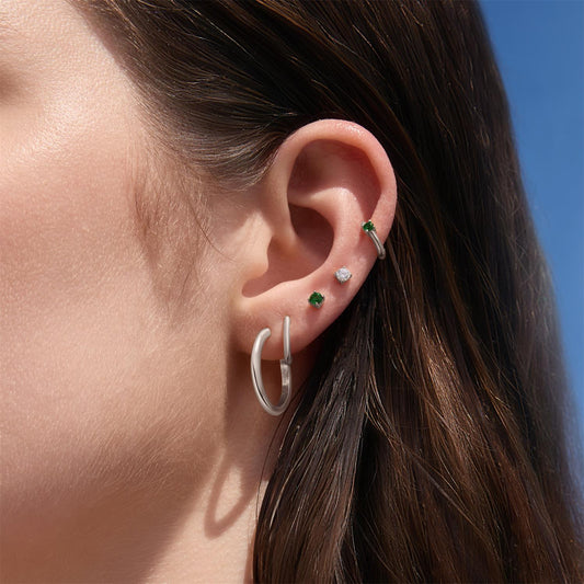 Silver Green Huggie Hoop Earrings