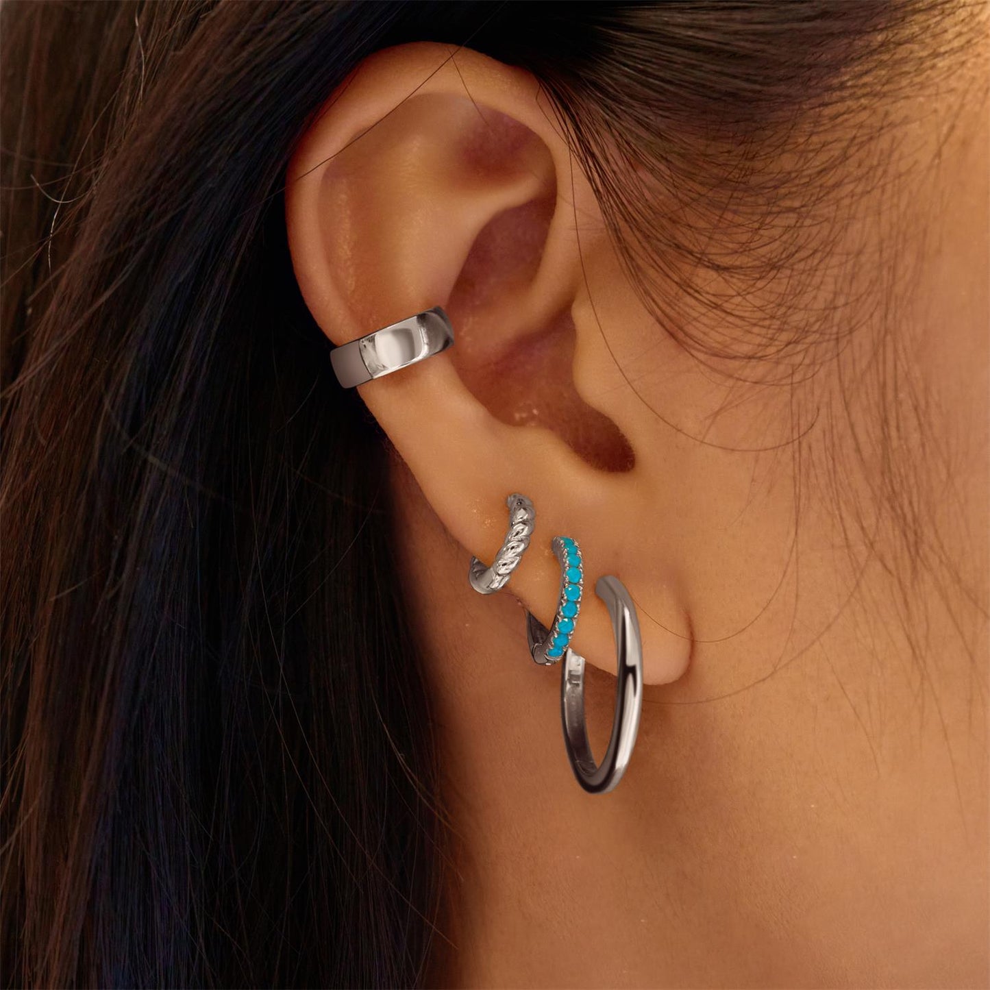 Silver Aqua Blue Row Huggie Hoop Earrings