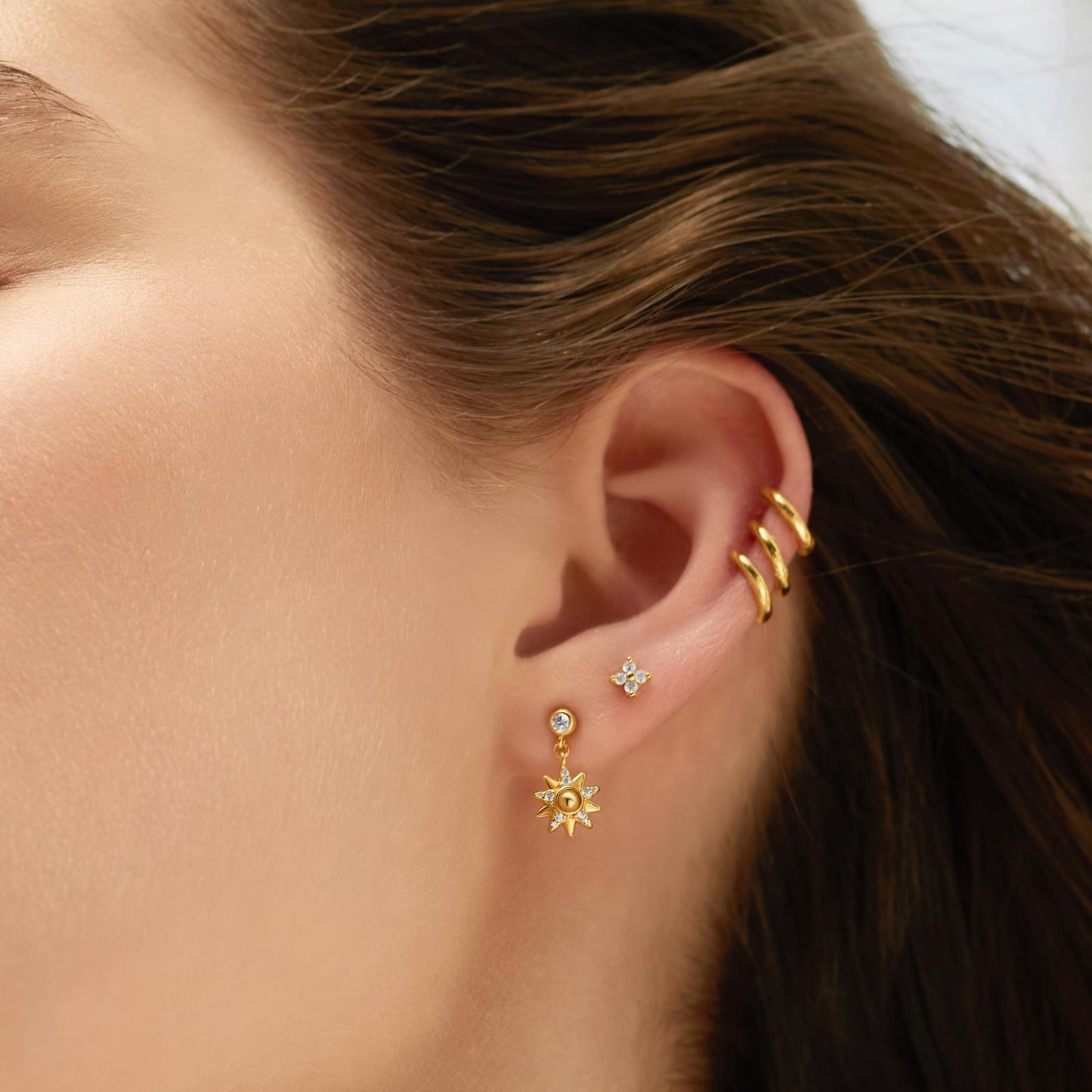 Gold Sunburst Dangle Stud Earrings