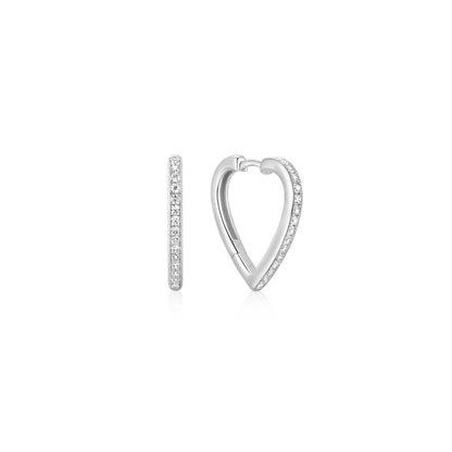 Silver Medium Sparkle Heart Huggie Hoop Earrings