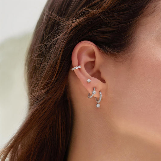 Silver Pavé Row & Bezel-Set Huggie Hoop Earrings