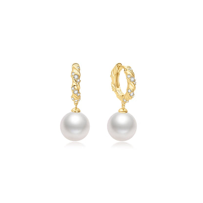 Gold Shell Pearl Dangling Twisted Huggie Hoop Earrings