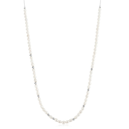 Silver Freshwater Pearl and White Cubic Zirconia Bezel Set Slider Necklace