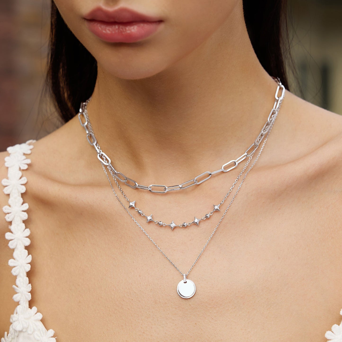 Silver Sparkling Star Station Necklace