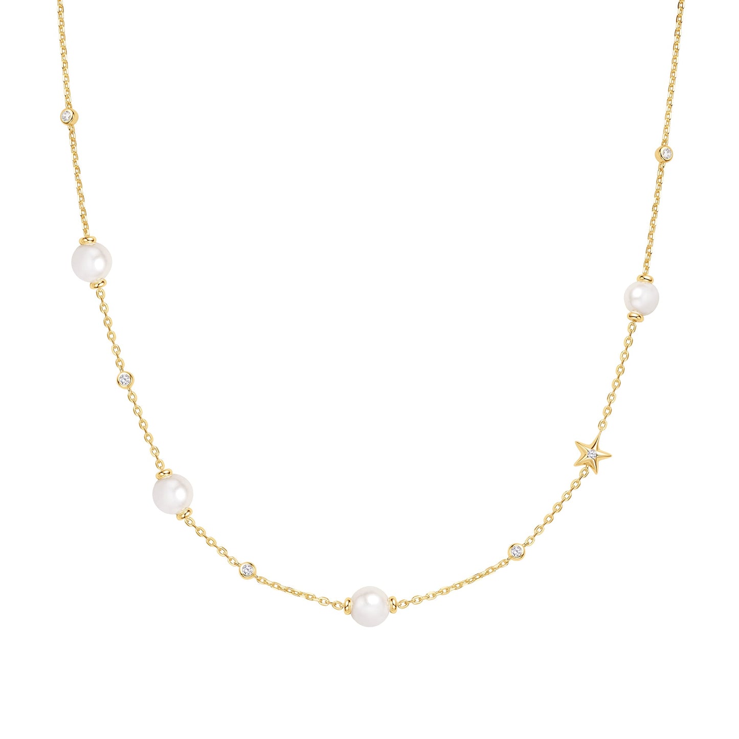 Gold Shell Pearl and Star Station Necklace