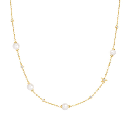 Gold Shell Pearl and Star Station Necklace