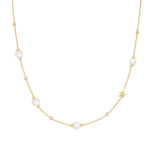 Gold Shell Pearl and Star Station Necklace