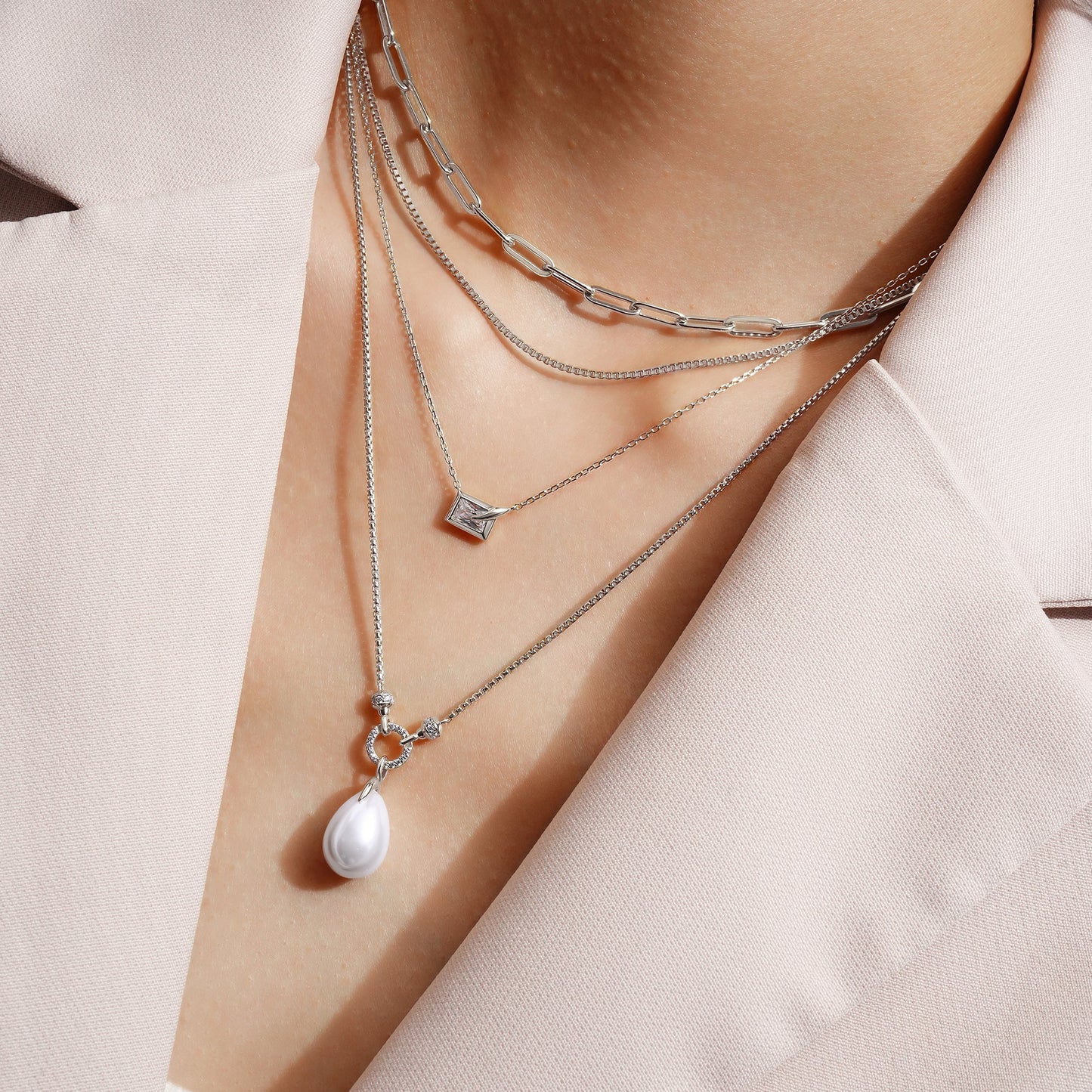 Silver Sparkling Bezel-Set Cube Necklace