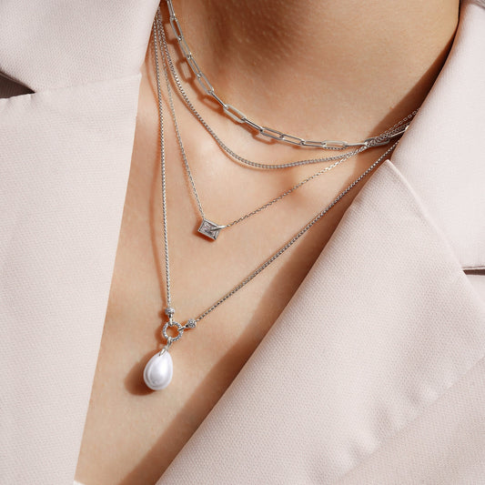 Silver Sparkling Bezel-Set Cube Necklace