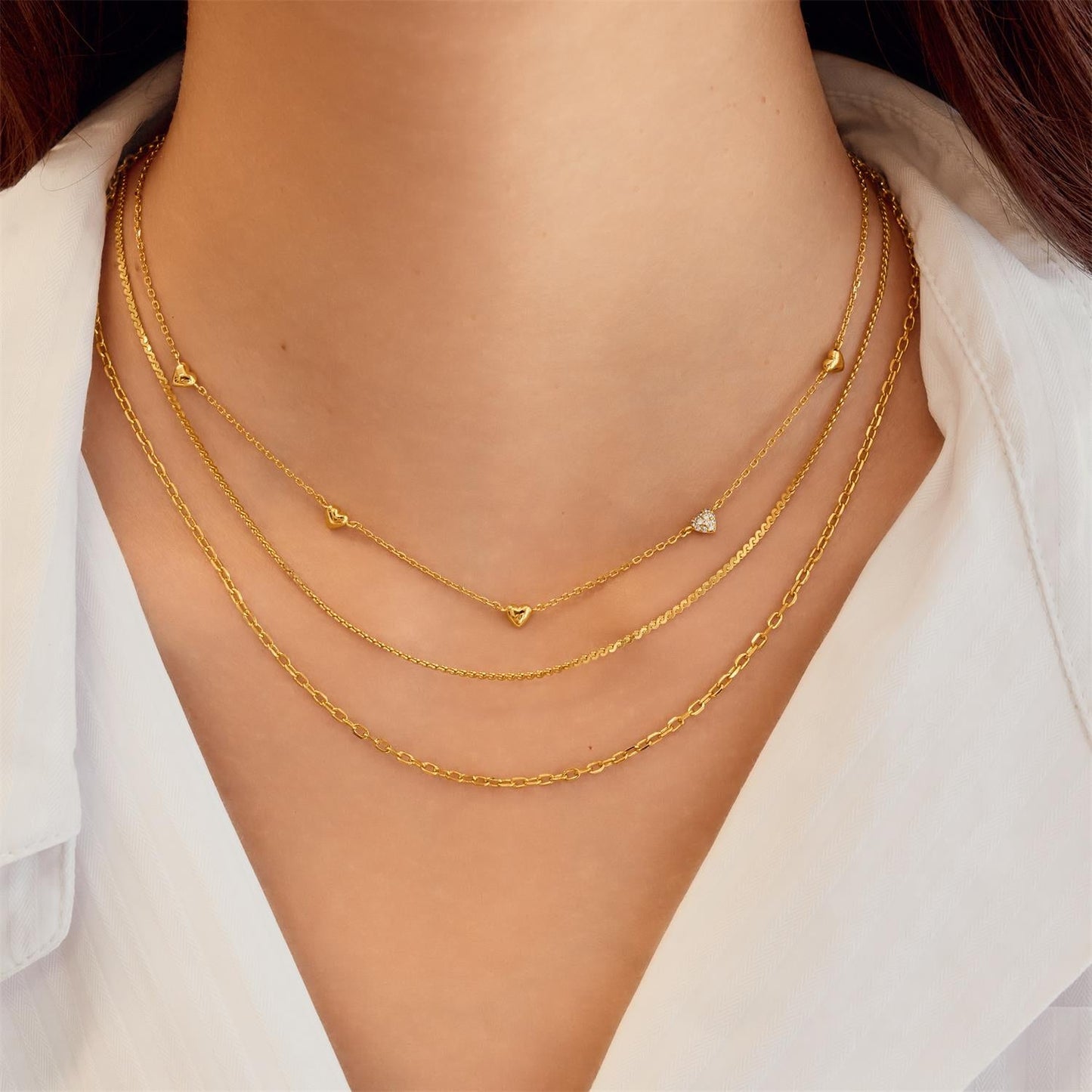 Gold Pavé Puffed Heart Station Necklace