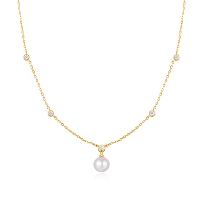 Gold Bezel-Set Station Necklace with Shell Pearl Pendant