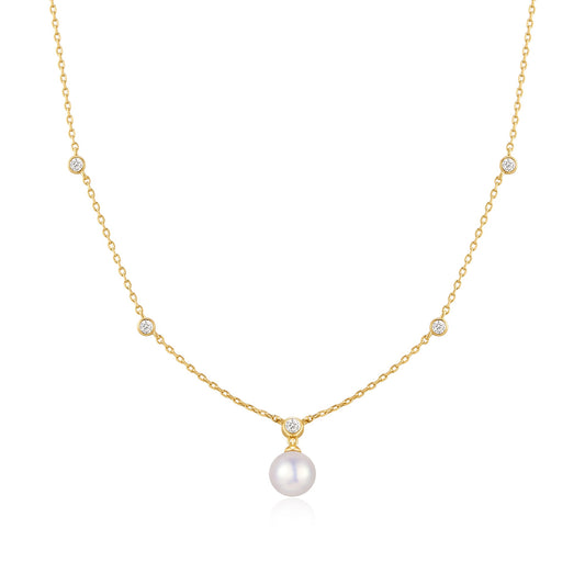 Gold Bezel-Set Station Necklace with Shell Pearl Pendant
