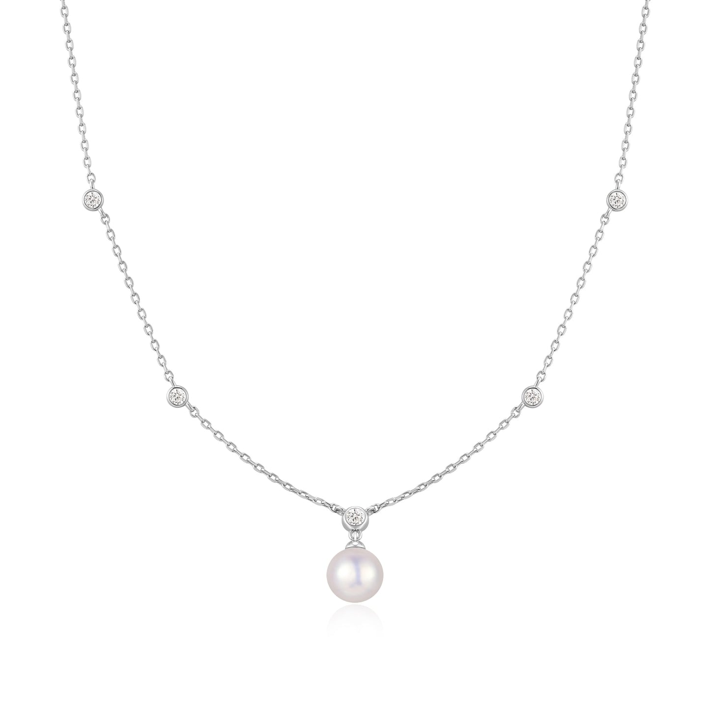 Silver Bezel-Set Station Necklace with Shell Pearl Pendant
